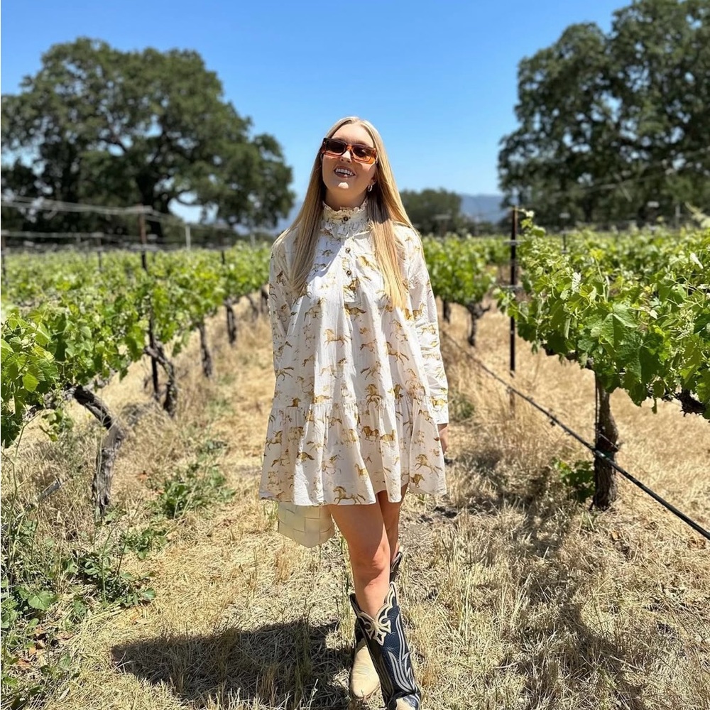 Ganni Horse Print Dress with Ruffles